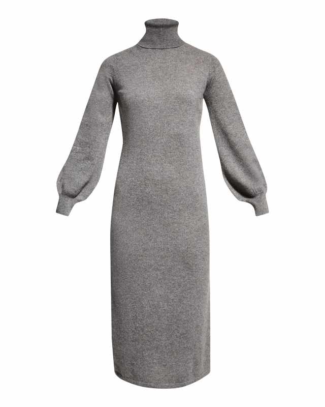 Blouson-Sleeve Turtleneck Cashmere Midi Dress